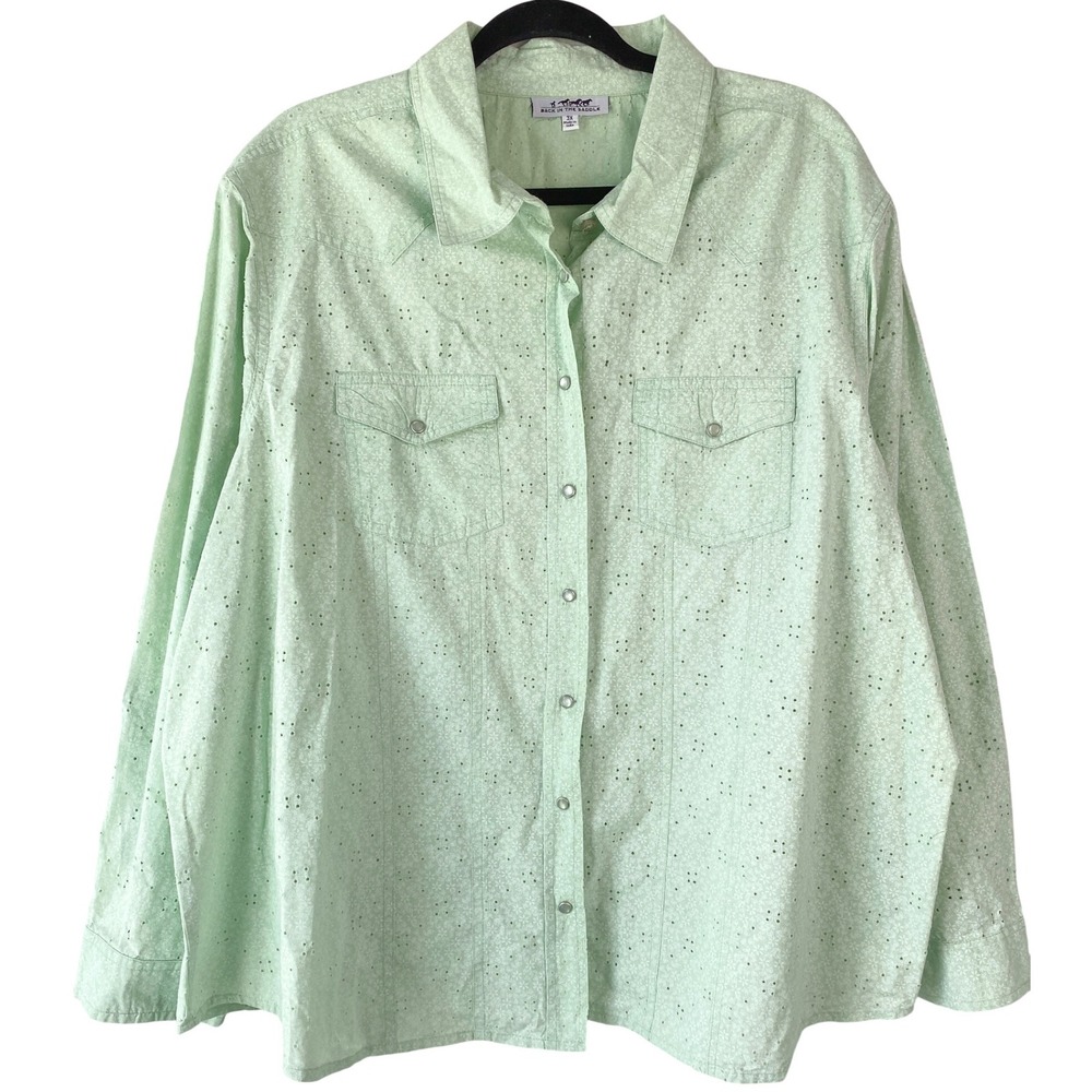 Back In The Saddle Womens Western Shirt 3X Mint Green Eyelet Pearl Snap Cottage